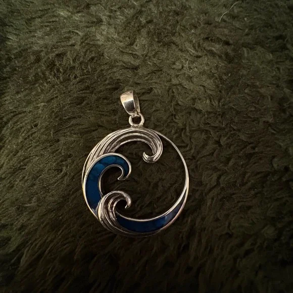.925 Sterling Silver Wave Pendant Blue Inlay Ocean‎ Wave Nautical
